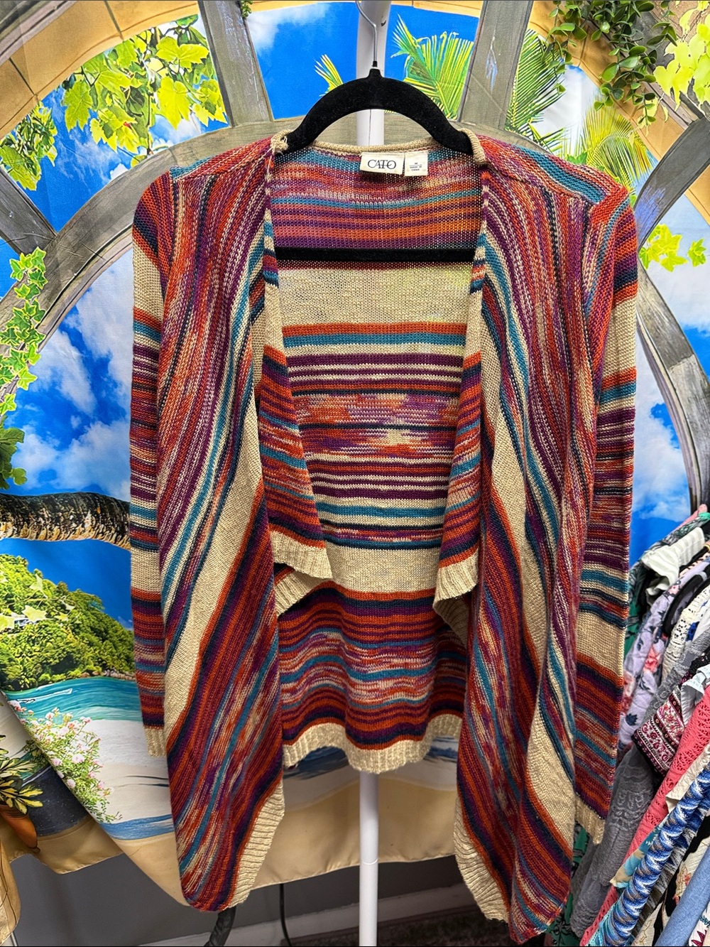 Cato Striped Open-Front Cardigan in Cream, Red, Blue, Purple